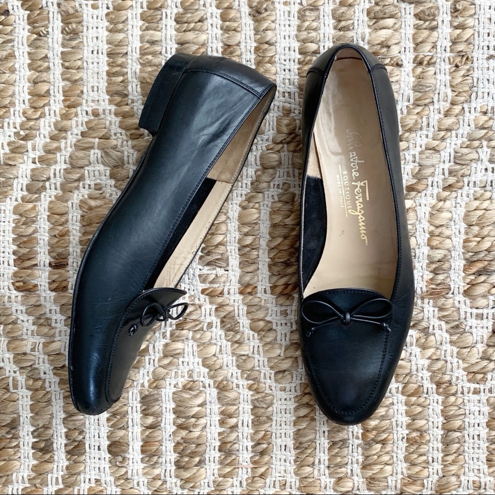 Salvatore Ferragamo Black Leather Bow Loafer Flats